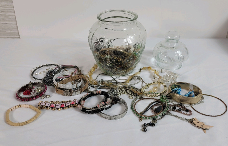 Assorted Ladies Ready to Wear Jewelry in Decorative Glass Jar . Bracelets & Brooches