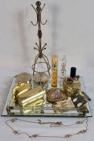 Ladies Vanity Lot . Kate Spade Necklace , D'Orlan Earings , White Diamond Perfume , Perfume , Necklace Tree , Glass Makeup Jars , Pill Holder , Hand Mirror plus more