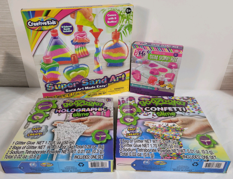 4 New Kids Creations Kits . Sand Art Kit , Gem Soap Kit & 2 Slime Kits