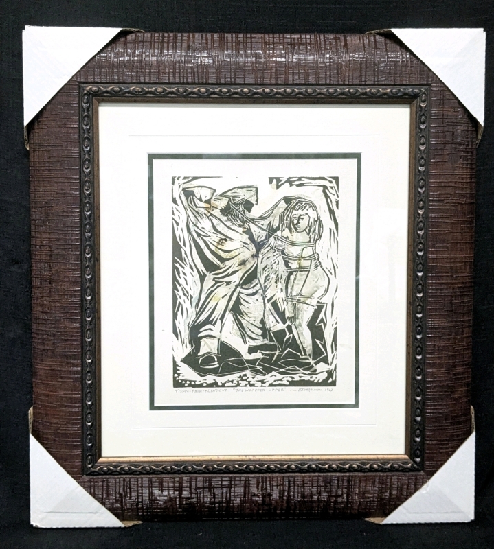 Professionally Framed w Double Mats Under Glass Tissue-Print & Linocut "The Wrapper-Upper" Signed by Bert Kloezeman 1963 - 20" x 22"
