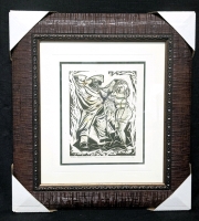 Professionally Framed w Double Mats Under Glass Tissue-Print & Linocut "The Wrapper-Upper" Signed by Bert Kloezeman 1963 - 20" x 22"
