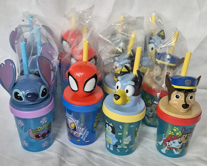 12 New Kid's Cups - Stitch, Paw Patrol, Bluey & Spider-Man 8.5" tall with Straw
