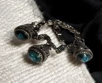 Vintage Etruscan Style Silver Fob Bracelet 3 Prong Set Blue Stones 8 Inch