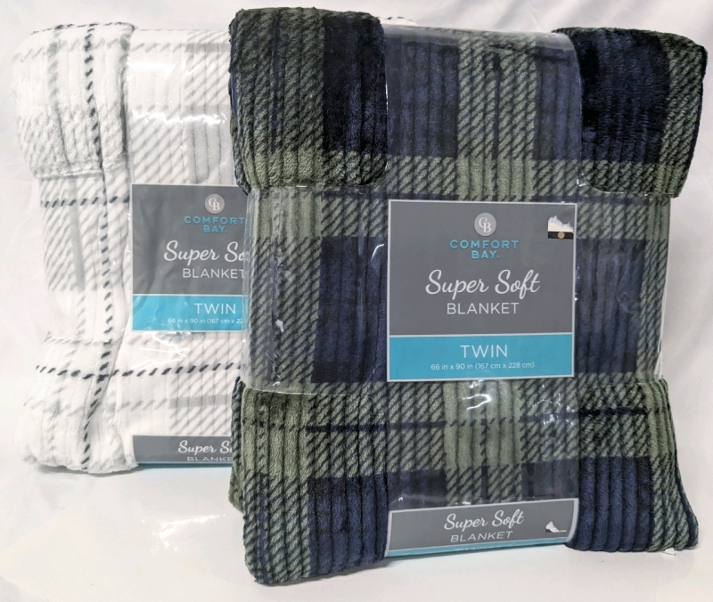 2 New Twin Size Comfort Bay Super Soft Ribbed Plaid Blankets - 66" x 90" ea