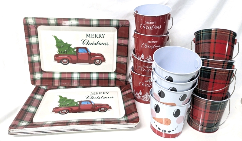 12 New Mini Metal Christmas Winter Buckets (4.5" Tall ea) & 8 New Merry Christmas Red Truck & Tree Plastic Platters (14" x 10.2" ea)
