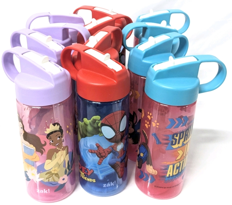 12 New ZAK! Kid's Licensed 473ml Water Bottles : 4 Each Disney Princesses, Spidey and his Amazing Friends, Paw Patrol