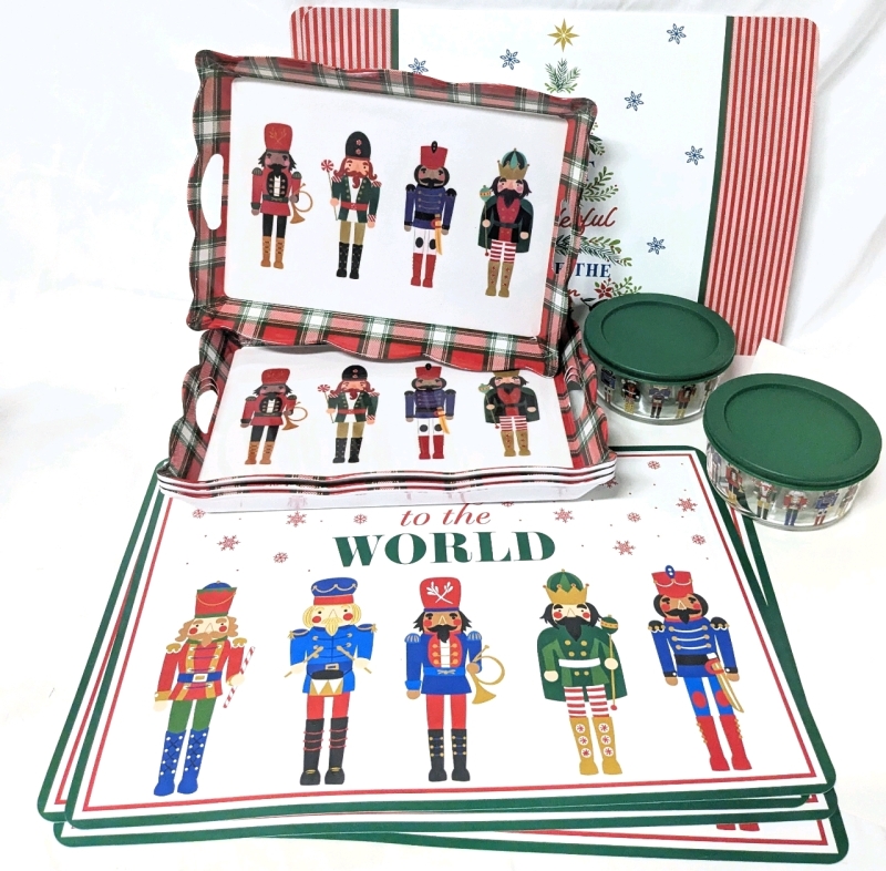 14 New Christmas Kitchen & Dining: 2x Glass Storage Bowls w Lids 473ml ea, 4x Plastic Trays w Handles 13" x 9.5", 8x Placemats 12" x 17"