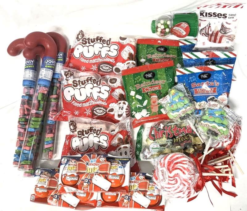 New Sweet Treats! Kinder Joy, Jolly Rancher Chews, Stuffed Puffs Filled Marshmallows, Reindeer Chow, Santas Cookies, Lollipops, Marshmallow Pops, Hershey Kisses +