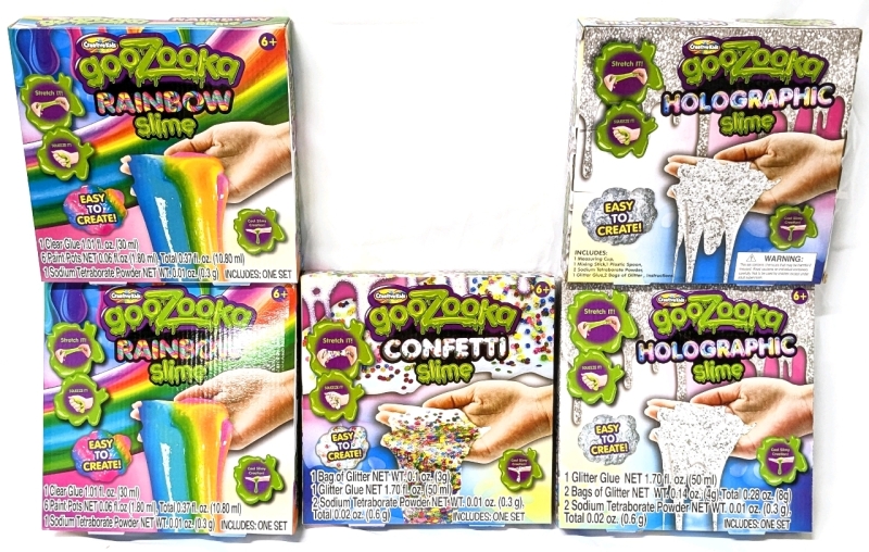 5 New CreativeKids GOOZOOKA Slime Kits : 2x Rainbow, 2x Holographic, 1x Confetti
