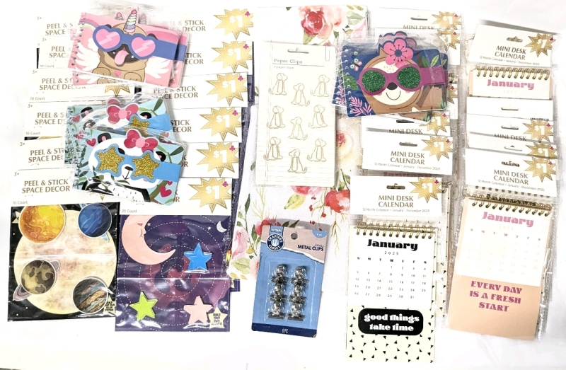 New Desk Items & Decor: 2 Pencil Cases (6.5" x 9"), Dog Shaped Paper Clips, Metal Clips, Funky Animal Notepads x11, Mini Desk Calendars 2025 x13, Peel & Stick Space Stickers Decor x12