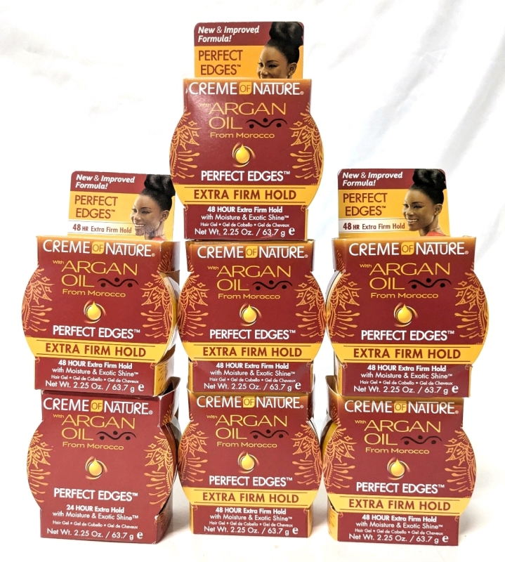 6 New Cr&egrave;me of Nature ARGAN OIL Perfect Edges 48H + 1x 24H Extra Firm Hold Hair Gels - 63.7g ea