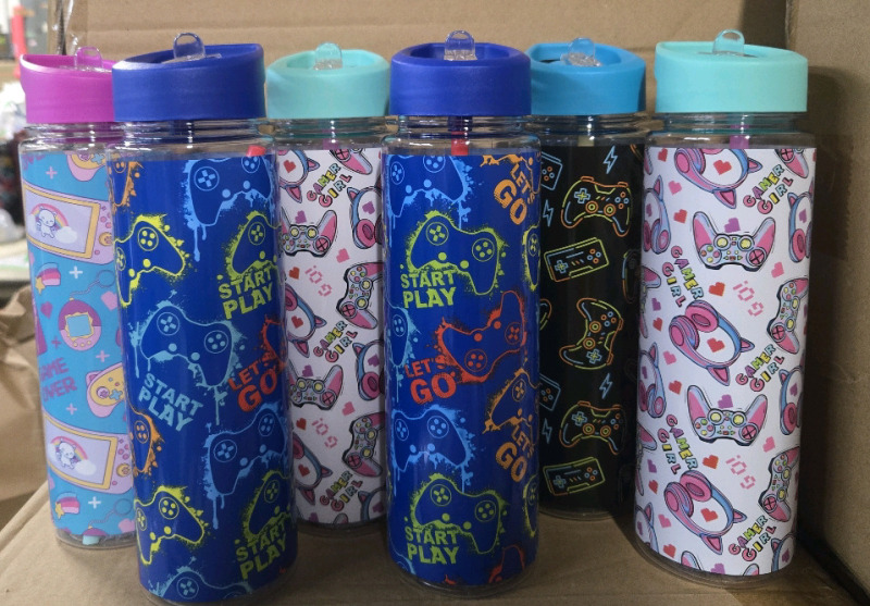 6 New | Kids Gamer Themed Plastic Water Bottles 9.5" Tall