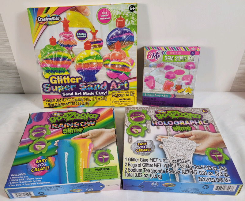 4 New Kids Creations Kits . Sand Art Kit , Gem Soap Kit & 2 Slime Kits