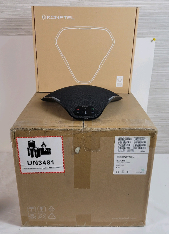 6 New Konftel 70 Bluetooth Speakerphones . Retail $1800 . Integrated Lithium Polymer battery. Call time up to 14 hours. Charging time 3 hours using power adapter , USB: 2.0, Bluetooth: 4.2, NFC , 25watts OmniSound .