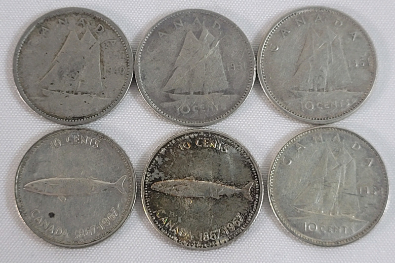 1940 - 1968 Canadian Silver Dimes . 1940 , 1951 , 1964 , 1967 &times;2 & 1969 . Six (6) Coins