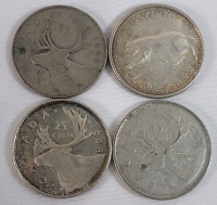 1943 - 1968 Canadian Silver Quarters . 1943 , 1967 & 1968 &times;2 . Four (4) Coins