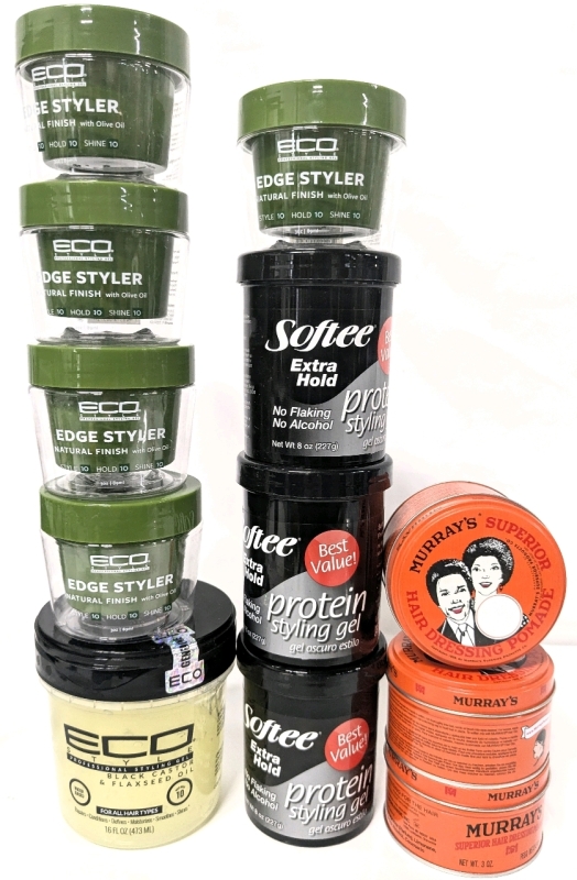 13 New Hair Styling Products : 6x ECO Edge Styler Gels 89ml ea, ECO Black Castor Flaxseed Oil Gel 473ml, 3x Softee Extra Hold Protein Gels 227g ea, 3x Murray's Superior Hair Pomades 85g ea