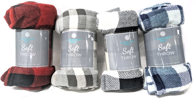 4 New Comfort Bay Soft Throw Blankets - 50" x 60" ea