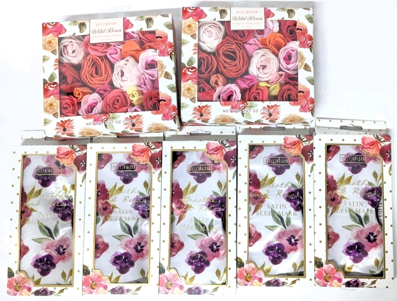 7 New Belle Maison : 2x Wild Roses Scented Soap Petals 70g ea, 5x Breathe and Relax Satin Sleep Masks