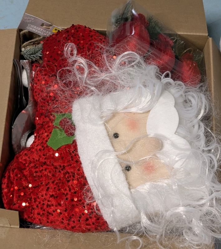 Huge New Christmas Lot! Large Stuffed Santa Head Decorations, Ribbon, Bows, Garland, Home Decor, Ornaments, Mugs & More | Box Measures 16" x 16.5" x 15.5"