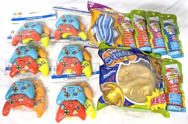 New Squishy Toys & Bubbles | 6x Stress Relief 4-Pack Game Controllers (3.75" Across ea), Mega Squeezy Ball, Squishy Bear, 5x Super Miracle Bubbles 2Go 118ml ea