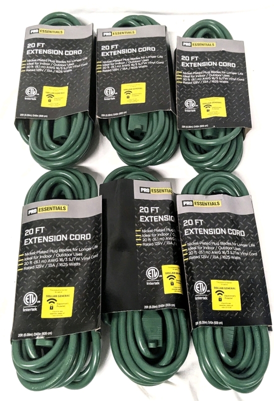 6 New Pro Essentials 20ft Indoor/Outdoor Extension Cords - Nickle Plated Plug, Rated 125V / 13A / 1625 Watts