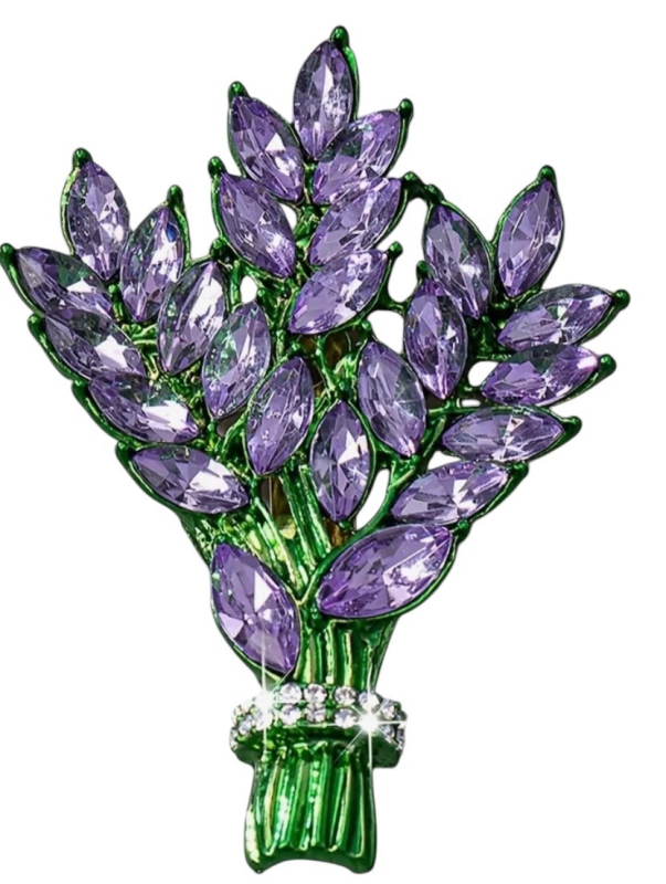 Elegant Lavender Rhinestone Brooch Glossy Green Stems Purple Green Rhinestones 1.7 x 1.25 Inch Approximate