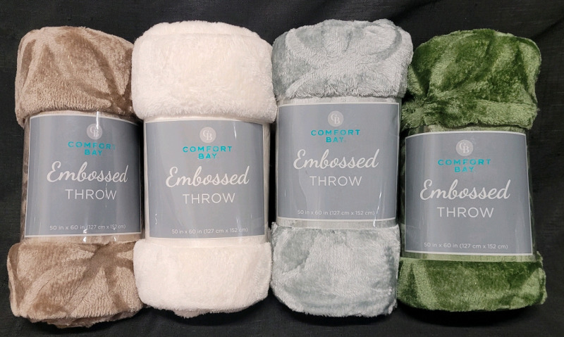 4 New Comfort Bay Embossed Throws , 50"&times;60" . Brown , White , Grey & Green