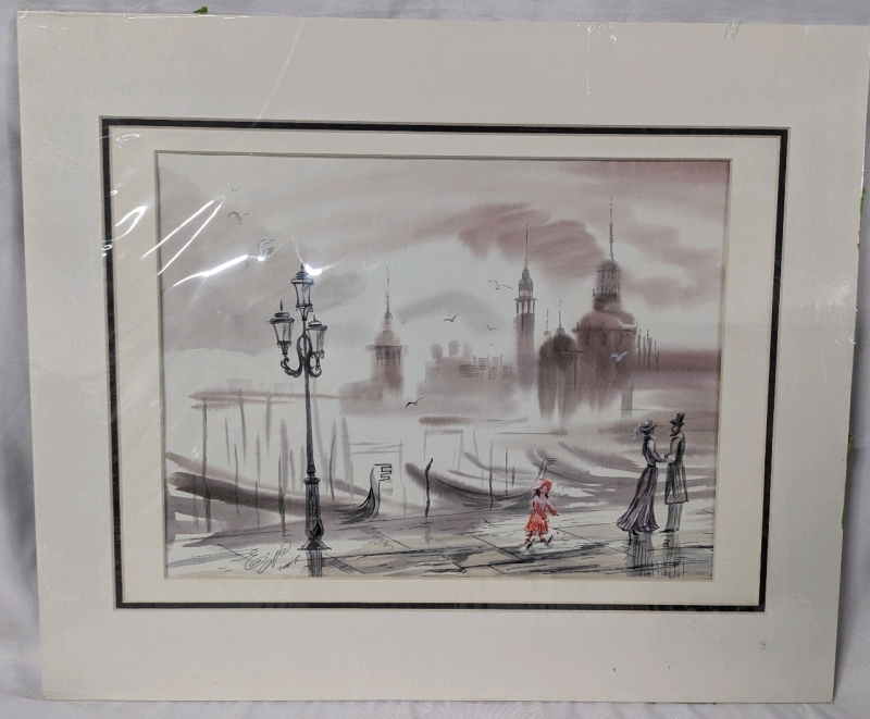 Original Watercolour + Ink Venice Scene by Eva Nikalin. 24" by 20" Triple Matted. Ready to Frame.