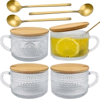 4 New Vintage Coffee Cups with Bamboo Lids and Spoon, 14oz Clear Embossed Glassware for Cappccino,Latte,Cereal,Dessert +