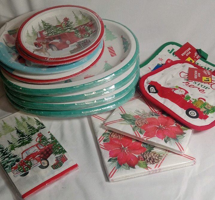 New | Holoday Utensils Lot | 9 Packs of Paper Plates | 2 Pot Holders and 3 Packs of Napkins