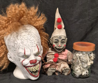 Great Halloween Lot - Clown Mask, Talking Creepy Doll 15" Tall, & Skull Glass Jar 7" Tall