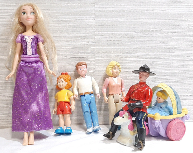 Lot of Childrens Toy Figures, Including A Tangled Figure with Realistic Hair, Three Little Tikes Figures, Royal Canadian Mounted Police Figure Riding Position (Missing a Hand) & Cinderella Pony Carriage Little People Toys and Figures