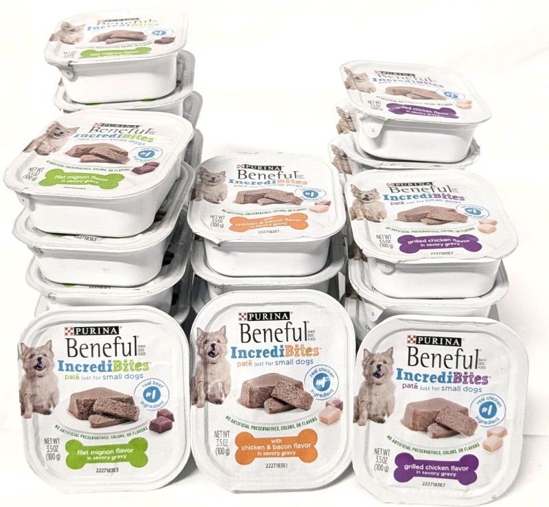 27 New Purina Beneful IncrediBites Pat&eacute; for Small Dogs 100g ea : Filet Mignon x12, Chicken + Bacon x5, Grilled Chicken x10 | BB Mar/April 2025