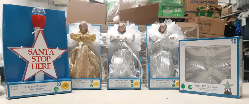 Lot of Christmas Oriented Decorations, Including an LED Star Projection Tree Topper, Star LED Tree Topper and 3 Fiber Optic Angel Tree Toppers