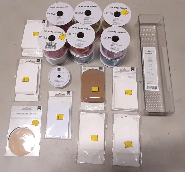 Lot of Hobbyist Materials Including 12 Wire Edge Ribbons (2"x9ft), Premium Ribbon, 7 Small Paper Bags & 1 Pack of Paper Tags