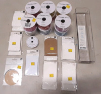 Lot of Hobbyist Materials Including 12 Wire Edge Ribbons (2"x9ft), Premium Ribbon, 7 Small Paper Bags & 1 Pack of Paper Tags