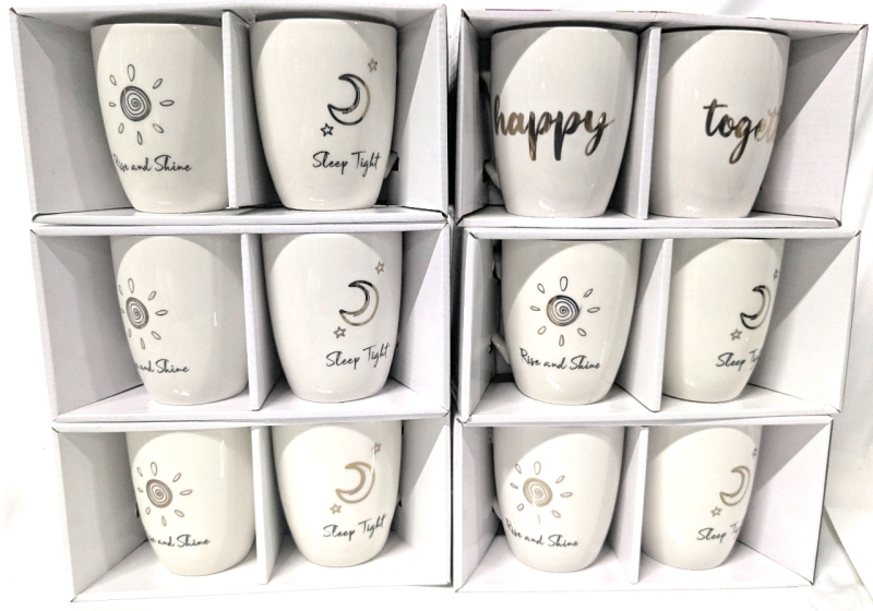 6 New Pairs of Matching Ceramic Mugs (350ml ea) : 5x "Rise and Shine" / "Sleep Tight" + "Happy" / "Together"