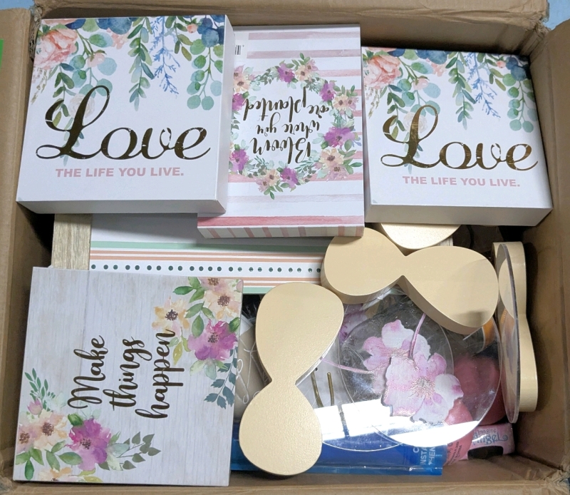 Huge Home Decor & More Lot : Garlands, Decorations, Hooks, Labels, Stickers, Placemats, Toys + More | Box Measures 14.5" x 17" x 12"