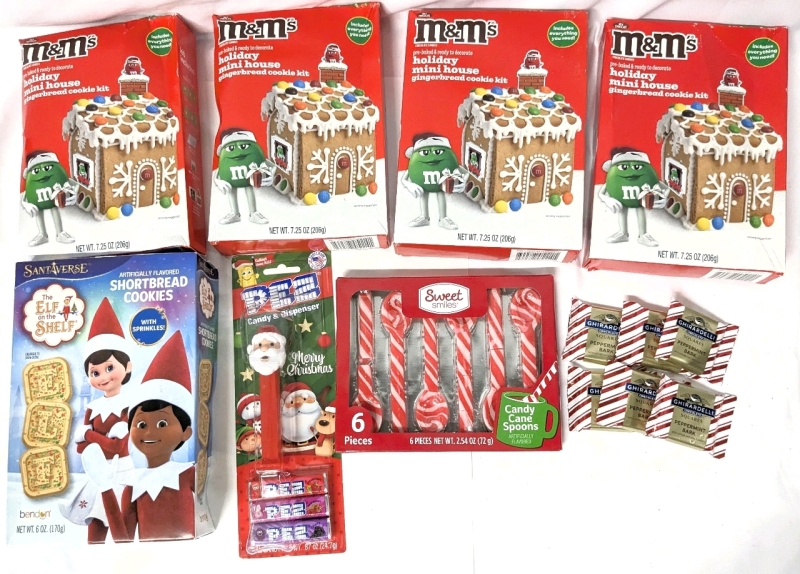 New Sweet Treats ; 4x M&M Holiday Gingerbread Cookie Kits, Elf on the Shelf Shortbread Cookies, Santa PEZ, Candy Cane Spoons, Ghirardelli Peppermint Bark Squares x 6