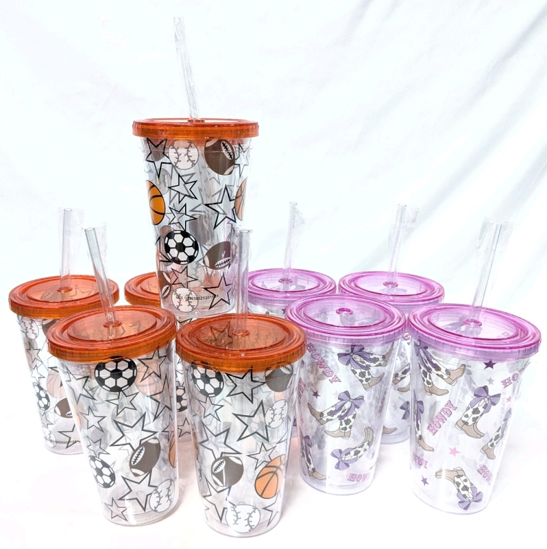 9 New 443ml Tumblers with Lids: 4x Howdy Cowboy Boots & 5x Sports Balls Stars