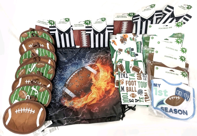 Huge Football Fan Lot : 8 Potholders, 5 Bibs, 6x Dishcloths 2-Packs, 7 Can Coozies, 5 Drawstring Bags 13" x 15"
