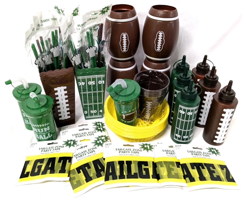 Huge Football Fan Lot: Tailgate Zone Party Tape, Squeezy Condiment Bottles, Football Vessels, Cups, Food Baskets, Kids Tumblers, Popcorn Tubs , Straws