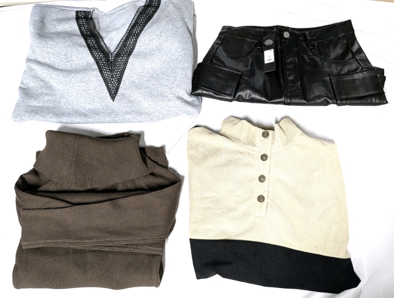 4 New Size Med Women's Clothes : V-Neck Sweater, Pleather Cargo Skirt, Long Sleeve Shirt, Cowlneck Sweater Dress