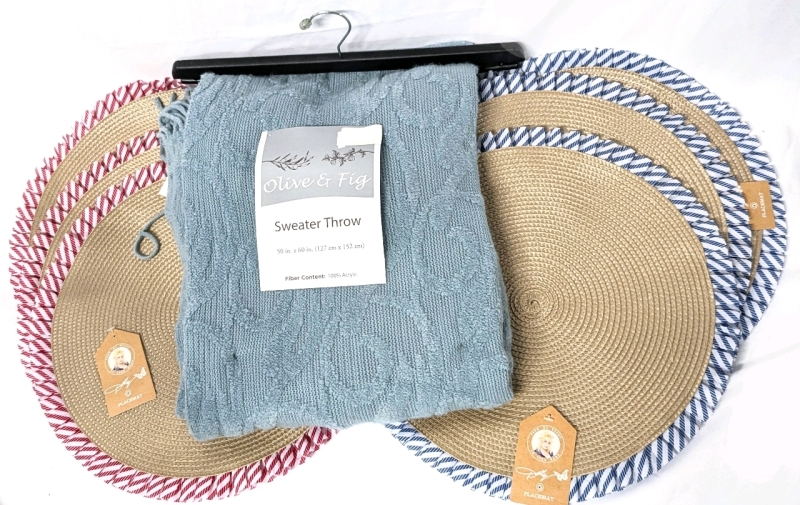 New Olive & Fig Sweater Throw Blanket 50" x 60" + 7 Dolly Parton Licensed 15" Round Placemats