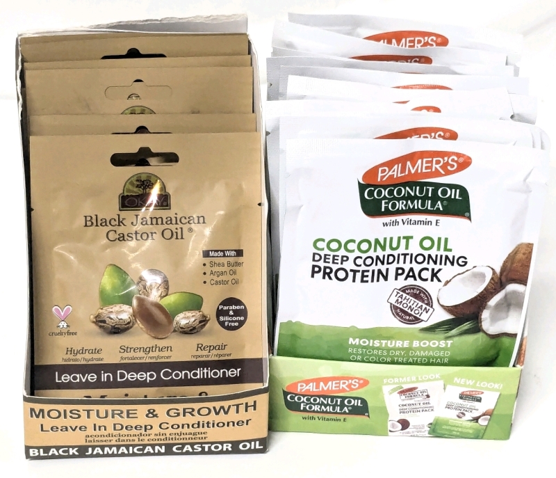 22 New Hair Packs : 11x Palmers Coconut Oil Deep Conditioning Protein Packs - 60g ea, 11x Black Jamaican Castor Oil Leave-In Conditioner Packs - 37ml ea