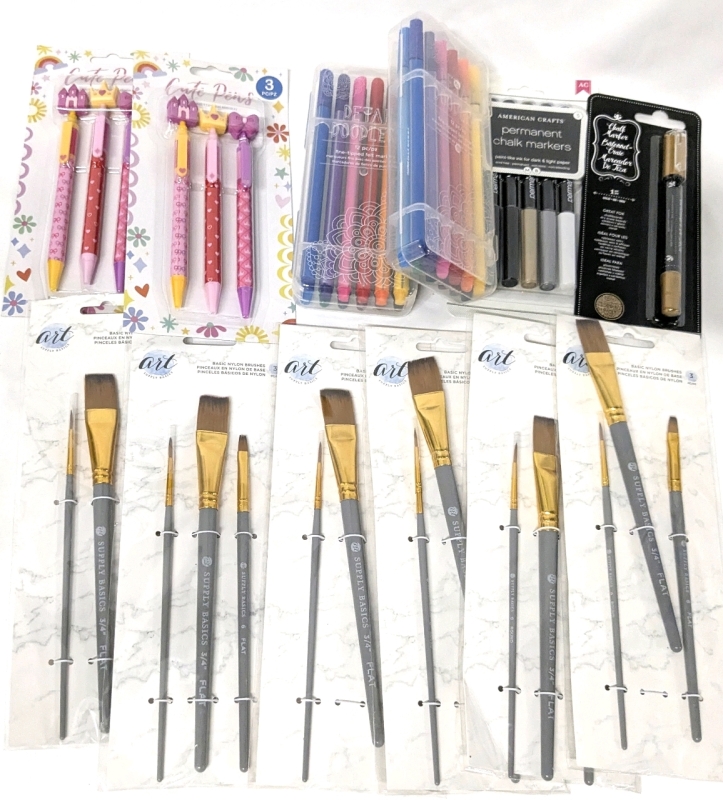 New Art Supplies! Paintbrush 3-Packs (6), Cute Princess Pen 3-Packs (3), Detail Doodler Marker Pen 12-Packs (2), Permanent Chalk Marker Set & Chalk Marker