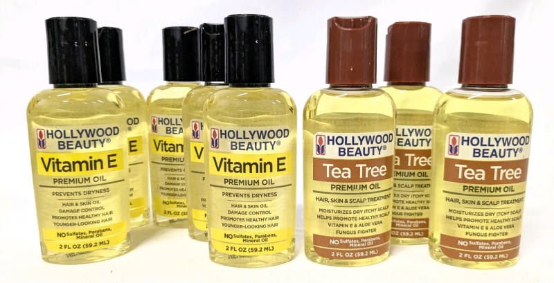8 New Hollywood Beauty Premium Hair & Skin Oils : (5) Vitamin E Oils & (3) Tea Tree Oils - 59.2ml ea | BB 2026