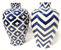 2 New Blue & White Patterned Decorative Ceramic Vases | 11.75" Tall ea