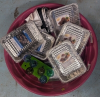 14 New: Assorted Fun Lot! 4 All Purpose Pans With Lids - 6 Decorative Garden Balls - 2 Garden Stones - Pool and Silver Bag